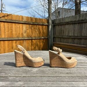 Veronica Beard Dali Suede Peep-Toe Wedge‎ Sandals in Sand Size 8.5